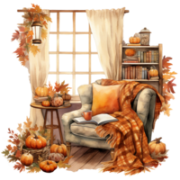 autumn still life with flowers and a morning view through the window, fall leaves, watercolor illustration, cozy nooks isolated ai generated png