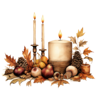 autumn still life with candle and acorns, watercolor illustration, cozy nooks isolated ai generated png