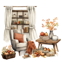 autumn living interior with books and furniture, watercolor illustration, cozy nooks isolated ai generated png