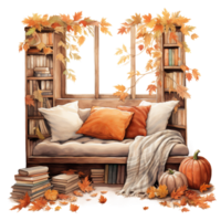 pumpkins in a bedroom, cozy autumn nooks, reading corner, watercolor illustration isolated ai generated png