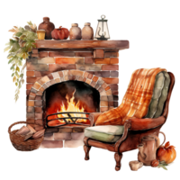 wood burning stove with fireplace, a sofa, cozy autumn nooks, reading corner, watercolor illustration isolated ai generated png