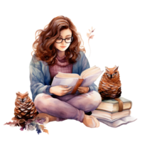 más Talla mujer leyendo libro, acuarela acogedor otoño ilustración aislado ai generado png