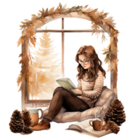 girl reading book sitting on sofa, fall leaves, watercolor cozy autumn illustration isolated ai generated png