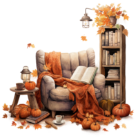 autumn still life with a sofa, cozy autumn nooks, reading corner, watercolor illustration isolated ai generated png