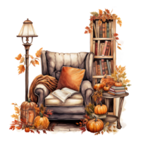 Herbst immer noch Leben mit Kürbis und Leder Sessel, Bücherregal, Lampe. Aquarell gemütlich Herbst Illustration isoliert ai generiert png