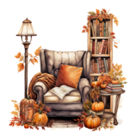 autumn still life with pumpkin and leather armchair, bookshelf, lamp. watercolor cozy autumn illustration isolated ai generated png