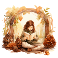 Frau im ein Mantel lesen Buch, fallen Blätter, Aquarell gemütlich Herbst Illustration isoliert ai generiert png