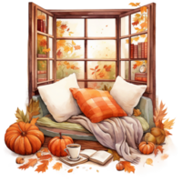 interior of a bedroom with fall leaves and flowers, cozy autumn nooks, reading corner, watercolor illustration isolated ai generated png