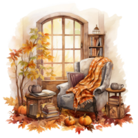 autumn still life with leaves, reading room, cozy watercolor illustration of bed room, isolated ai generated png