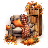 leather armchair and bookshelf, watercolor cozy autumn illustration isolated, fall leaves ai generated png