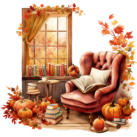 autumn still life with pumpkins, fall leaves, sofa and books. watercolor cozy autumn illustration isolated ai generated png
