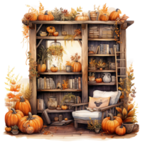 pumpkins and gourds with a bookshelf, cozy autumn nooks, reading corner, watercolor illustration isolated ai generated png