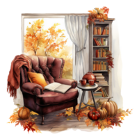 living room interior with bookshelf, fall scene through window, burgundy sofa and book, watercolor cozy autumn illustration isolated ai generated png