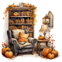 halloween pumpkin on the floor, bookshelf, sofa with pillow, lamp, watercolor cozy autumn illustration isolated ai generated png