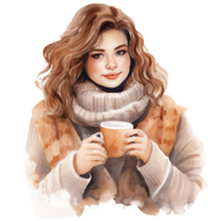 plus size woman coffee and sweater weather, watercolor cozy autumn fall fashion illustration clipart isolated ai generated, png