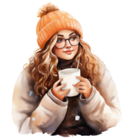 mais Tamanho mulher vestem desleixado chapéu segurando café copo aguarela acolhedor outono outono moda ilustração clipart isolado ai gerado, png