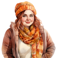 plus size woman slouchy hat and winter sweater, watercolor cozy autumn fall fashion illustration clipart isolated ai generated, png