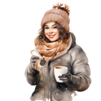 più dimensione donna Sorridi con caffè tazza nel inverno tempo atmosferico, acquerello accogliente autunno autunno moda illustrazione clipart isolato ai generato, png