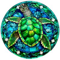 stained glass sea turtle glowing translucent green, round shape isolated ai generated png