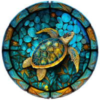 stained glass sea turtle translucent blue, round shape isolated  ai generated png