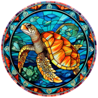 stained glass sea turtle yellow and turquoise, round shape isolated  ai generated png