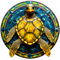 stained glass sea turtle yellow and blue, round shape isolated ai generated png