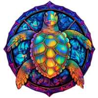 stained glass sea turtle colorful iridescent, round shape isolated  ai generated png