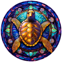 stained glass sea turtle, bright yellow and purple, round shape isolated ai generated png