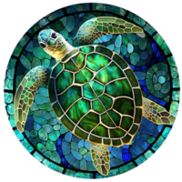 stained glass sea turtle green bright light, round shape isolated ai generated png