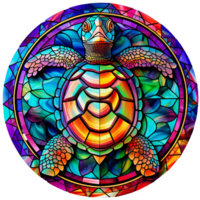 stained glass sea turtle colorful bright hue, round shape isolated ai generated png