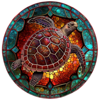 stained glass sea turtle, red and turquoise,  round shape isolated ai generated png