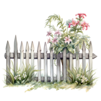 fence with flowers and grass, isolated shabby chic vintage watercolor element ai generated png