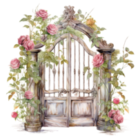 flower in a wooden gate outdoor isolated shabby chic vintage watercolor element ai generated png