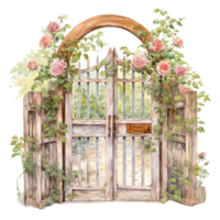 antiguo de madera puerta con flores aislado desgastado elegante Clásico acuarela elemento ai generado png