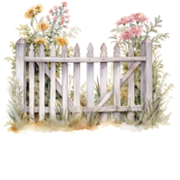 houten hek met bloemen en gras geïsoleerd haveloos chique wijnoogst waterverf element ai gegenereerd png