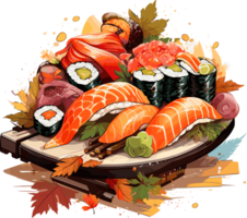 Sushi traditional japanese food on wooden board Illustration AI Generative png