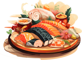 Sushi traditional japanese food on wooden board Illustration AI Generative png