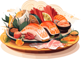 Sushi tradicional japonés comida en de madera tablero ilustración ai generativo png