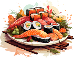 Sushi traditionell japanisch Essen auf hölzern Tafel Illustration ai generativ png