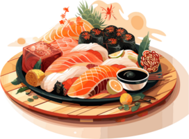 Sushi tradicional japonés comida en de madera tablero ilustración ai generativo png