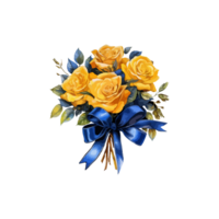 illustration watercolor yellow rose bouquet with blue ribbon romantic png