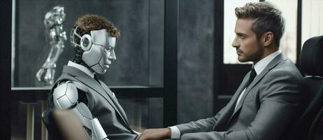 Futuristic business science work fiction cyber humanoid robotic face cyborg technology artificial people intelligence photo
