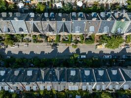 Aerial view of the rooftops of Kartoffelraekkerne neighborhood, in Oesterbro, Copenhagen, Denmark. photo