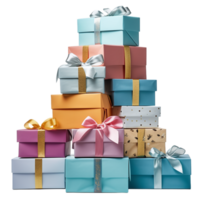 Colorful pile of gift boxes isolated on transparent background. Many Christmas packages on a large heap. png