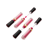 Liquid lipstick and applicator Set. Open tube of lip gloss and wand brush on pastel coral surface. Top view, flat lay 3d illustration png