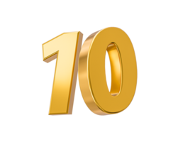 10 per cento via su saldi. oro per cento 10 ° anniversario celebrazione 3d d'oro numeri 3d illustrazione png