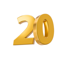 20 percent off on sale. Gold percent 20th Anniversary celebration 3D Golden numbers 3d Illustration png