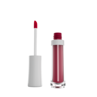 flüssiger lippenstift, lipgloss in eleganter glasflasche mit weißem deckel, offener behälter mit pinsel, isoliert. Make-up-Abstrich 3D-Illustration png