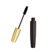 Opened mascara and brush isolated close up, Black tube, eye mascara container, eyelash applicator stick, eye lashes wand, beauty makeup accessory, cosmetics 3d illustration png