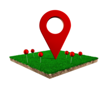 Red pushpin, navigation symbol. Red navigator pin on Square of green grass field 3d illustration png